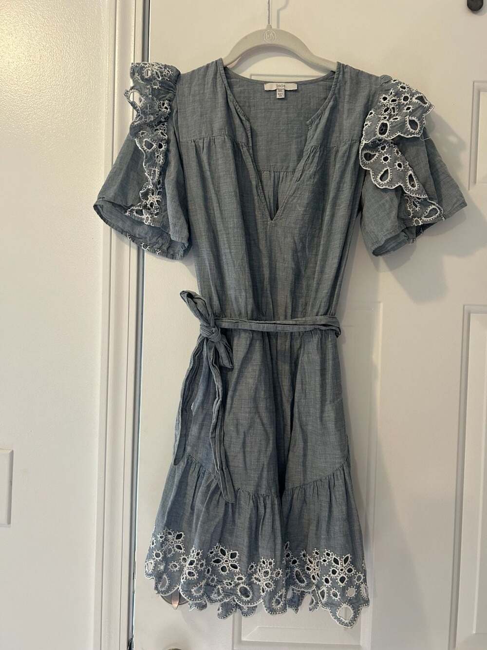 Joie Safia Eyelet Ruffle Mini Dress Size XXS Blue Chambray